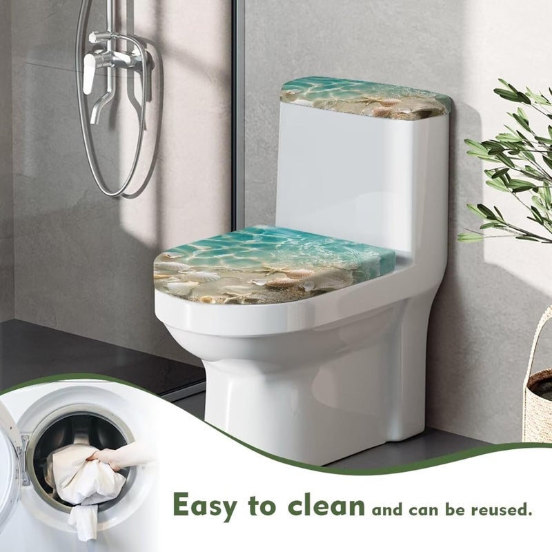 CREAMIC Sea Shell Toilet Lid Cover and Toilet Tank Cover 2 Piece Set Toilet Seat Cover with Elastic Edge Keep Dust Stain Machine Washable Seat Covers Fits Most Lids for Accessories Decor - Image 4